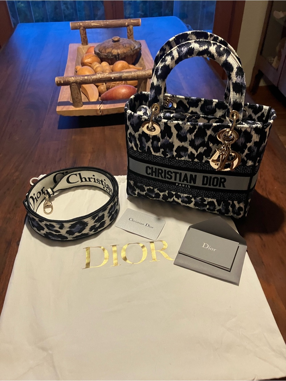 Dior Black & White Leopard Lady Dior Tote with Gold Hardware